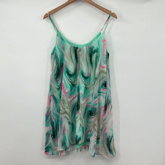 Adrienne Sundress Womens Small Green Swirl Print Flowy Spaghetti Strap Tunic - Picture 3 of 8